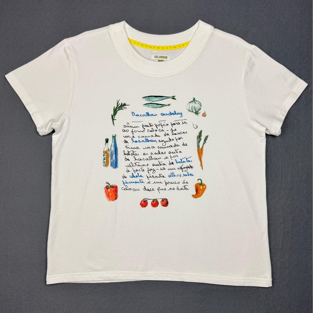 Celandine Anthro Greet the Sun Bacalhau Recipe Graphic Tee Women L White Chic